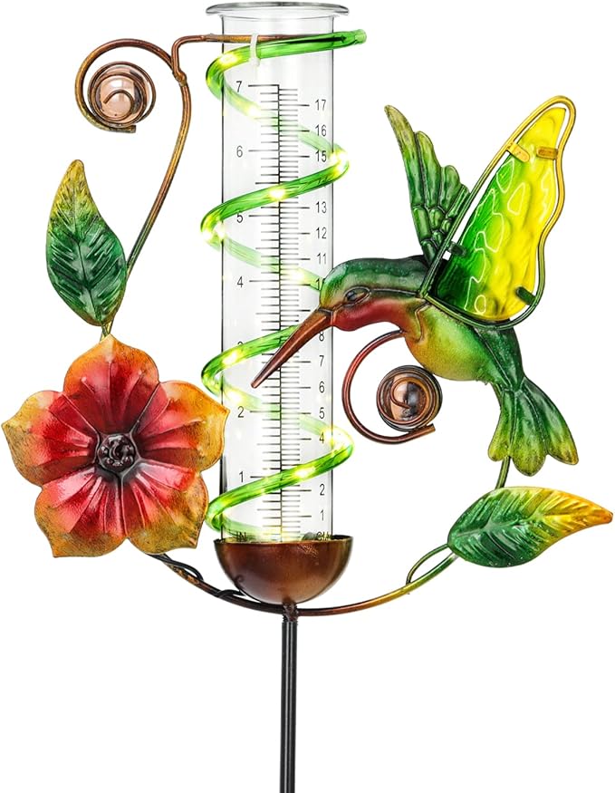 LEWIS&WAYNE 36.3” Hummingbird Rain Gauge Outdoor, 7” Glass Tube Solar Powered 10 Warm White LEDs Garden Metal Stakes Decorative Waterproof for Yard Garden Patio Lawn-VerdiqueGarden