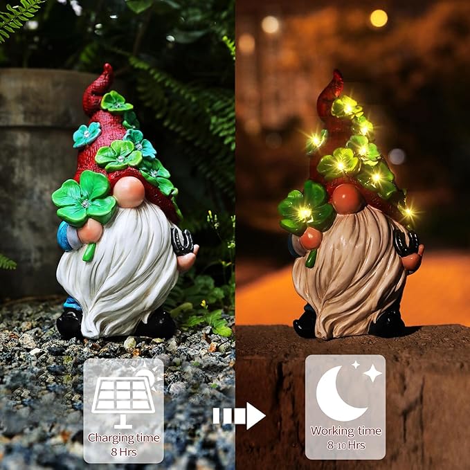 Garden Gnome Statue with Solar Lights Large Sculptures Funny Triple Gnome Outdoor Patio Lawn Yard Garden Decor Gifts for Women Mom 11in Spring Gnomes Outdoor-VerdiqueGarden