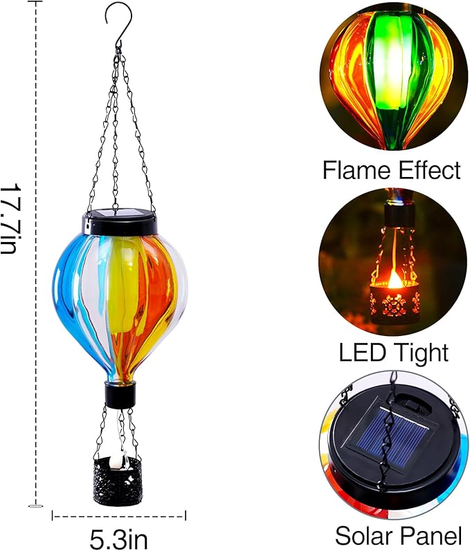Hot Air Balloon Solar Lantern with Flickering Flame Christmas Gifts for Women Grandma Mom Outdoor Hanging Light Solar Decorative Air Balloon Lamp for Garden Patio Yard and Home (Blue & Yellow)-VerdiqueGarden