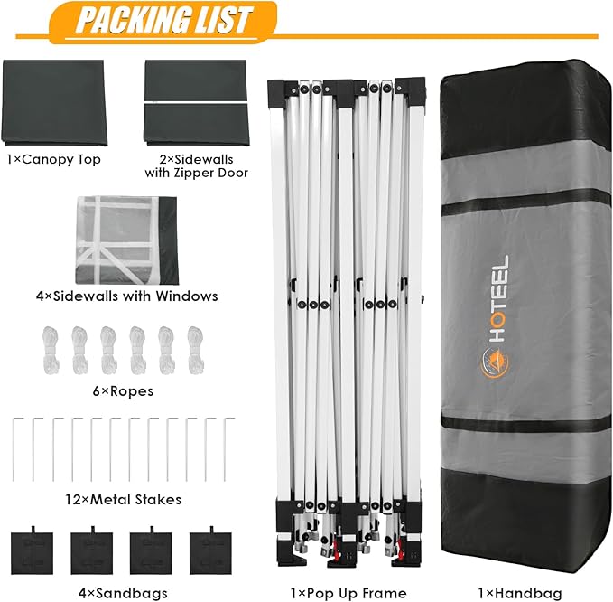 HOTEEL 10x20 Pop up Canopy with 6 Sidewalls, One Push Instant Setup Outdoor Canopy Tent with Reinforce Rod, Weight Bag, for Parties, Events, Gray-VerdiqueGarden