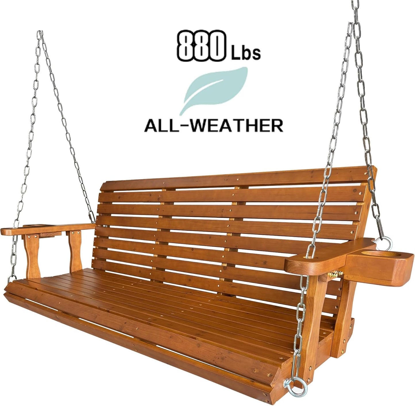 Wooden Porch Swing 2-Seater, Bench Swing with Cupholders, Hanging Chains and 7mm Springs, Heavy Duty 800 LBS, for Outdoor Patio Garden (Warm Teak Color, 5 FT Extra Large)-VerdiqueGarden