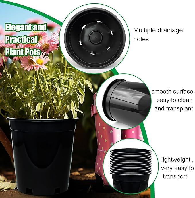 1.5 Gallon Plastic Nursery Pots, 7.5 Inch Round Plant Pots with Drainage Holes, 15 Pack Flower Pots for Outdoor Indoor Plants, Flowers, Black-VerdiqueGarden