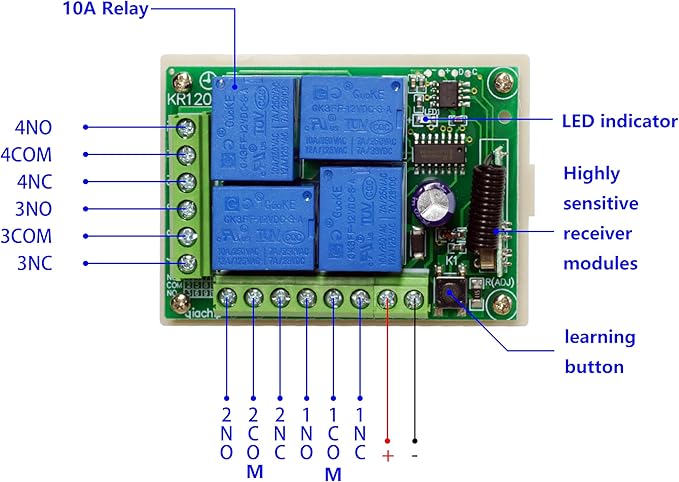 QIACHIP Universal 12V 4CH Wireless Relay Remote Module Switch RF 433Mhz with Remote Control Key Fob 2 Transmitters 1 Receiver for Light Garage Door Electric Gate,Momentary Toggle Latched(KR1204)-VerdiqueGarden