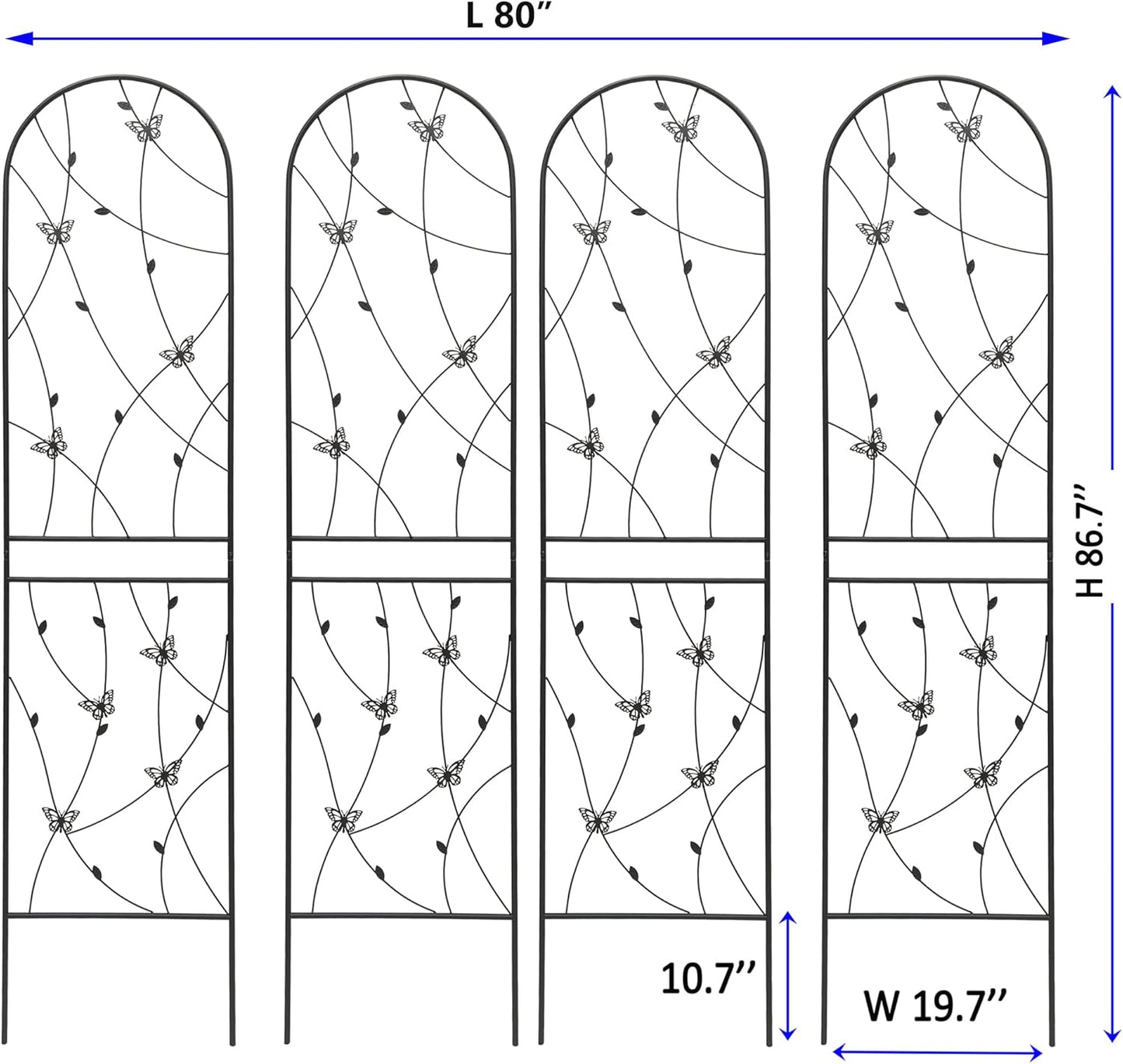 4 Pack Metal Garden Trellis 86.7" Tall Outdoor Climbing Plant Support for Roses, Flowers, Rustproof Durable Black Galvanized Tube, Lawn Garden Fence Decor Screen (4, Black flutter-86.7" H)-VerdiqueGarden