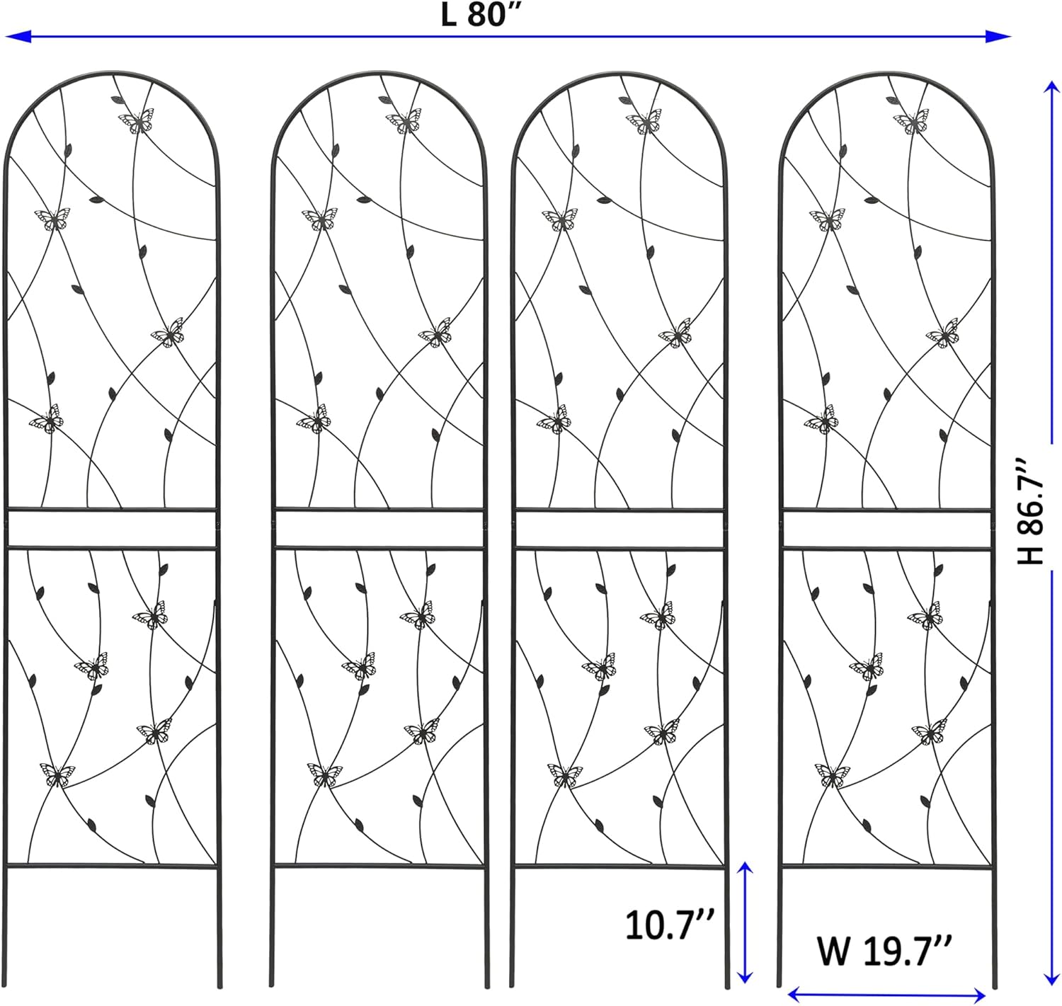 4 Pack Metal Garden Trellis 86.7" Tall Outdoor Climbing Plant Support for Roses, Flowers, Rustproof Durable Black Galvanized Tube, Lawn Garden Fence Decor Screen (4, Black flutter-86.7" H)-VerdiqueGarden
