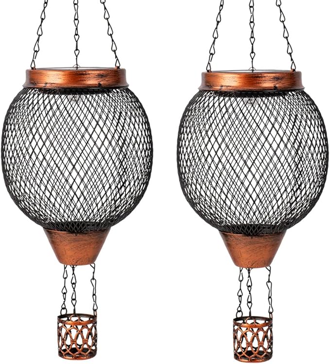 Starsoul 2 PC Cage Hot Air Balloon Solar Lantern with Flame Glass Outdoor Hanging Hot Air Balloon Solar Light Lamp Waterproof Garden Patio Yard Party Decorations-VerdiqueGarden