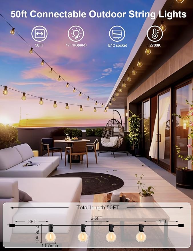 RTTY Outdoor String Lights 50 FT Globe LED Patio Lights with G40 Plastic Bulbs,Waterproof Shatterproof Dimmable Connectable Hanging for Backyard Porch Balcony Party Cafe Deck Decor-VerdiqueGarden