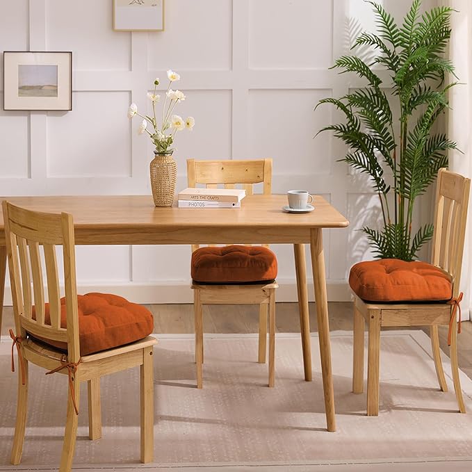 Chair Cushions for Dining Chairs, Dining Chair Cushions, Tufted Indoor Chair Pads with Ties & Non Slip Backing, Seat Cushions for Kitchen Chairs 16.5” x 16.5” x 3.5”, Set of 4, Orange-VerdiqueGarden