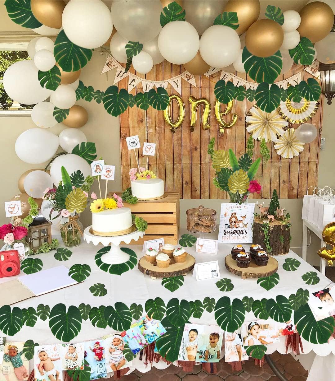 RECUTMS Artificial Tropical Palm Leaves 72Pcs 7 Kinds Green Gold Fake Monstera Leaf with Stem for Safari Jungle Hawaiian Luau Beach Baby Shower Wedding Birthday Party Table Summer Spring Decoration-VerdiqueGarden