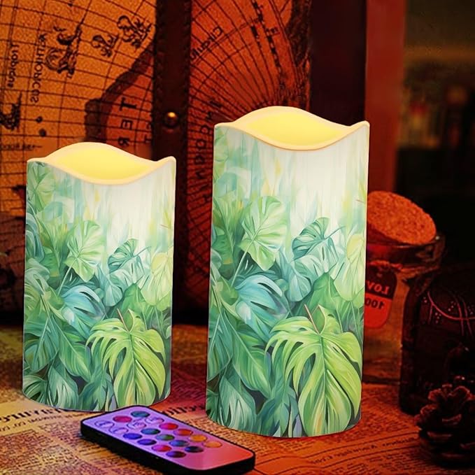 Ystardream Tropical Leaf Flameless Candles with Remote Battery Operated Candles Realistic LED Candles with Remote and Timer Set of 4 for Home Wedding Birthday Decorations-VerdiqueGarden
