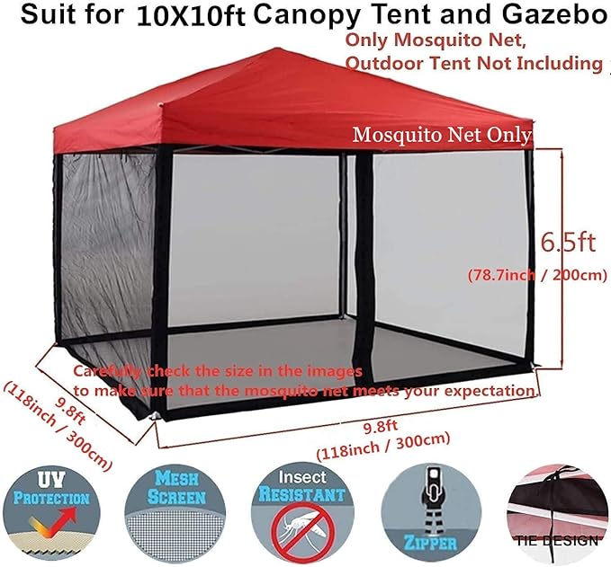 10x10 Mosquito Net with Zipper for Patio Camping Gazebo and Canopy Tent, Outdoor Gazebo Replacement Mosquito Netting Tent Screen Wall, Ultra Fine Mesh(Only Net No Frame)-VerdiqueGarden