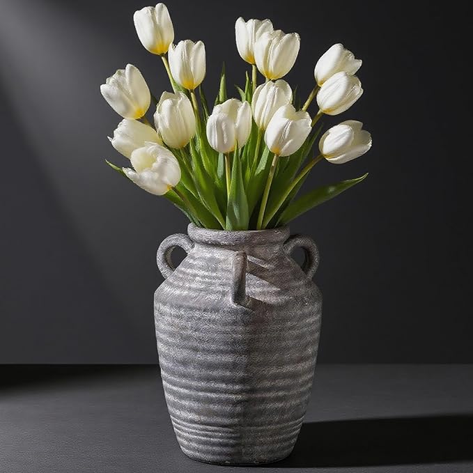 Grey Terracotta Ceramic Vase with Handles, Vintage Rustic Pottery Vases for Table Centerpiece, Cottage Core Home Decor, Large Flower Vases for Bouquet Entryway Mantel Bookshelf Living Room 8.9 Inch-VerdiqueGarden