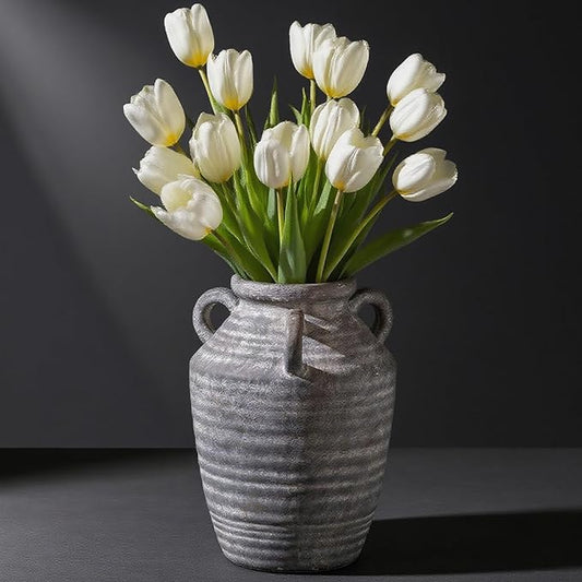 Grey Terracotta Ceramic Vase with Handles, Vintage Rustic Pottery Vases for Table Centerpiece, Cottage Core Home Decor, Large Flower Vases for Bouquet Entryway Mantel Bookshelf Living Room 8.9 Inch-VerdiqueGarden