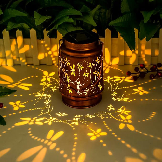Dragonfly Solar Lanterns Outdoor Hanging, Hollowed-Out Metal Waterproof LED Garden Decor Light for Patio Yard Pathway Lawn Front Porch Tree, Christmas Thanksgiving Birthday Gifts for Women Mom Grandma-VerdiqueGarden