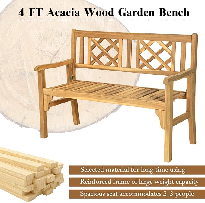 Giantex 4 Ft Foldable Outdoor Bench, Acacia Wood Outside Loveseat with Curved Backrest and Armrest, 705Lbs Weight Capacity, Garden Bench for Patio, Park, Porch, Balcony-VerdiqueGarden
