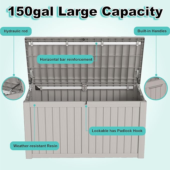 150Gal Outdoor Deck Box Waterproof, Lager Patio Storage Box Indoor and Outdoor Use, Lockable Resin Storage Bin for Patio Furniture Cushions Garden Tools, Package Delivery,UV Resistant-Grey-VerdiqueGarden