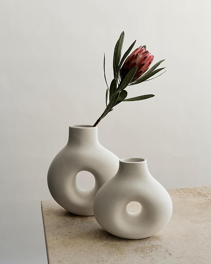 NOBULA White Ceramic Donut Vases – Modern Home Decor for Living Room, Bedroom & Table Centerpiece - Minimalist Nordic – Unique Vases for Olive Plant & Flowers – Decorative Coffee Table Vase Set of 2-VerdiqueGarden