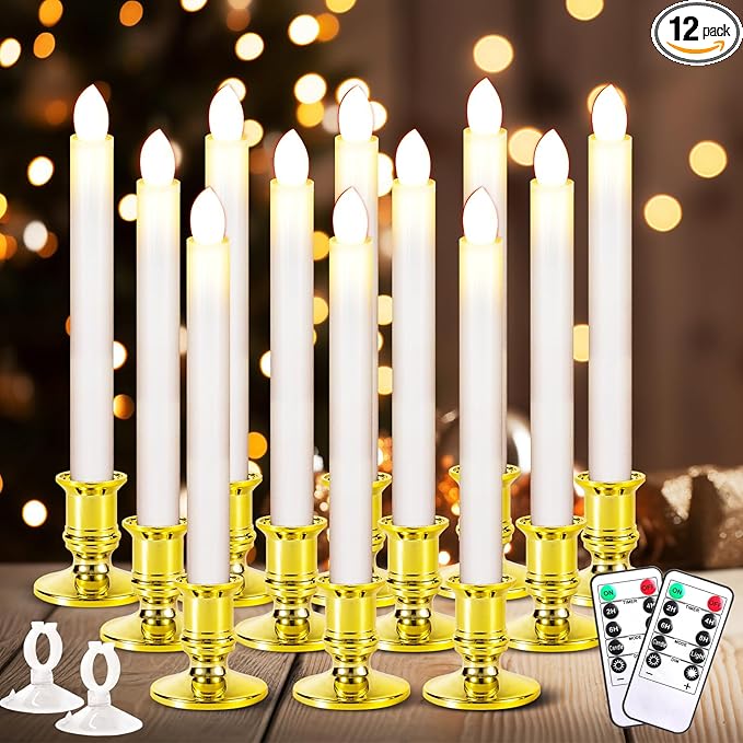 12 Pack Christmas Window Candles, Battery Operated Window Candles with Timer Remote, Candle Holder Suction Cup for Christmas Decorations, Gold-VerdiqueGarden
