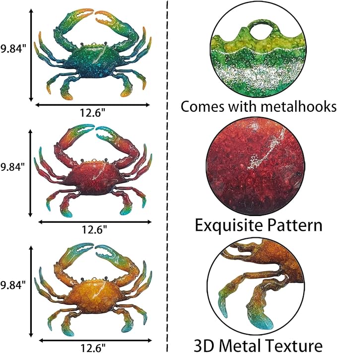 John's Studio Metal Crab Sea Wall Decor Outdoor Garden Hanging Art Sculptures Home Ocean Theme Decorations for Kitchen Bathroom and Pool - 3 PCS-VerdiqueGarden