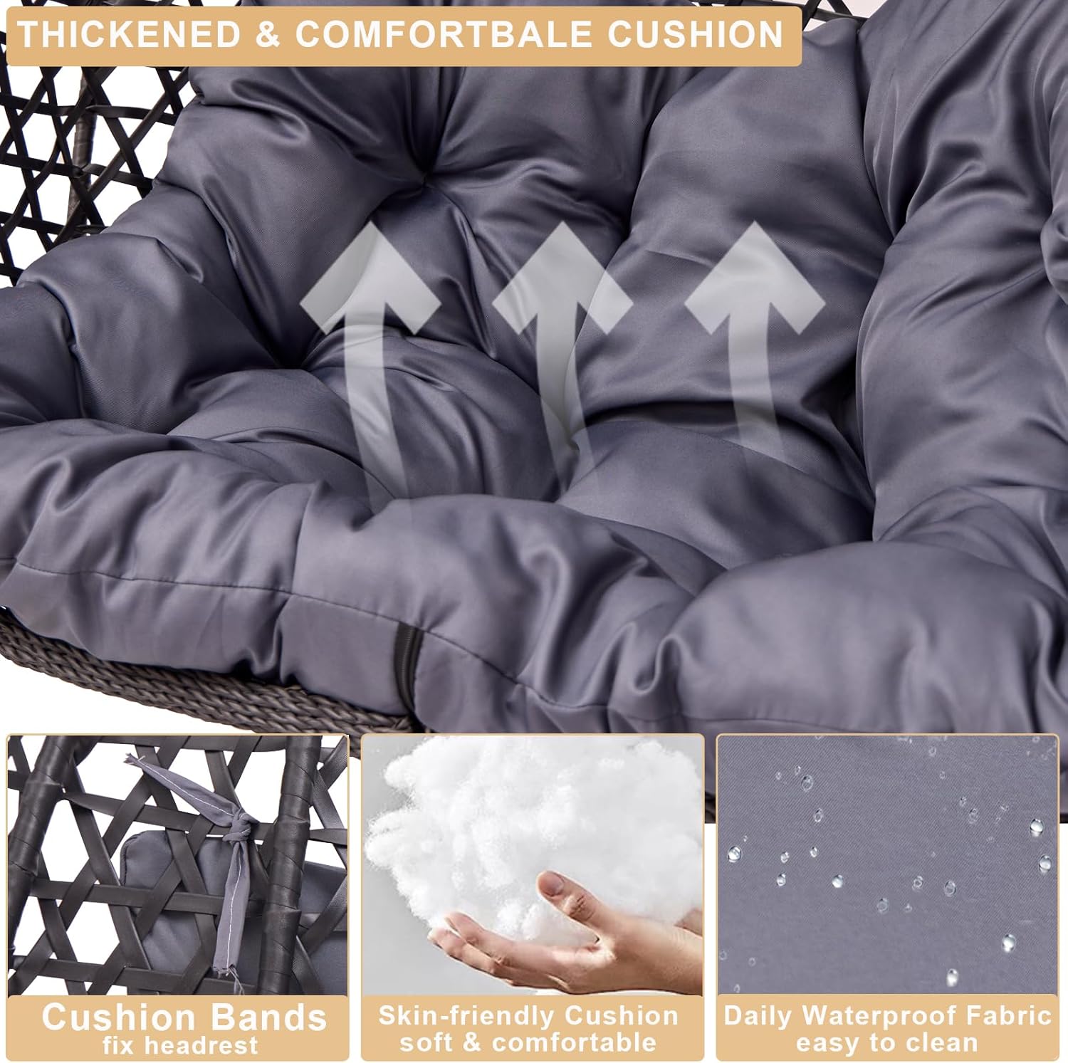 Double Hanging Swing Egg Chair with Stand, Hexagon Wicker Hammock Swing Chair for Outdoor Garden Patio, 2 Person Egg Chair with Foldable Loveseat Removable Cushions (Dark Grey)-VerdiqueGarden