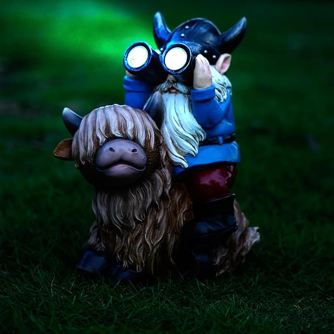 Garden Gnome Statues Resin Gnome Sitting on Highland Cow Solar Lights Outdoor Telescope Gnome Gifts for Yard, Patio Decor Gift(Cow Gnome)-VerdiqueGarden