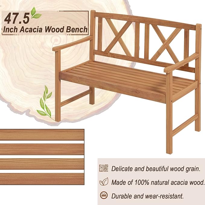 Giantex Patio Garden Bench Loveseat - 2-Person Acacia Wood Bench with Armrest, Backrest, Sturdy Frame, 800lbs Capacity, Outside Park Bench for Patio, Yard, Front Porch, Outdoor Garden Bench, Natural-VerdiqueGarden