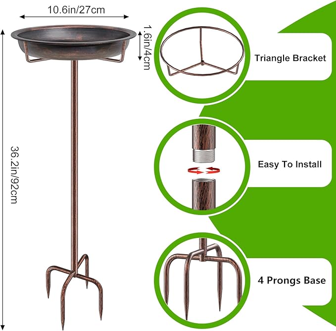 Metal Bird Bath for Outside Garden Birdbath Bowl, 36.2" Height Freestanding Bird Feeders for Outdoors with 4 Prongs Base Stake, Standing Birdfeeders for Yard Lawn Decor (Retro Copper)-VerdiqueGarden
