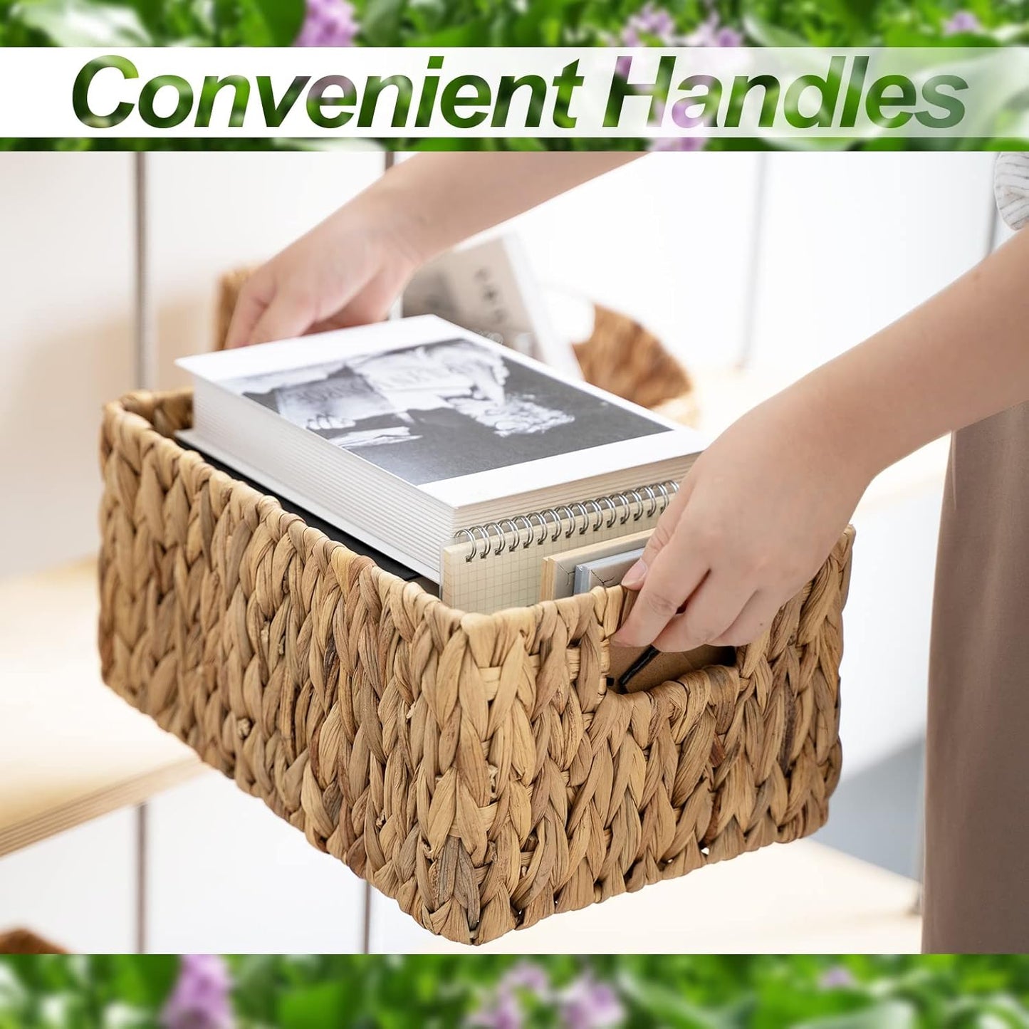 FairyHaus Wicker Baskets 15x11x7 & 13.4x9.5x6.5, 2 Pack Handmade Big Wicker Storage Basket with Handles, Natural Water Hyacinth Wicker Baskets for Storage Shelves Organizing, Rectangle Wicker Basket-VerdiqueGarden