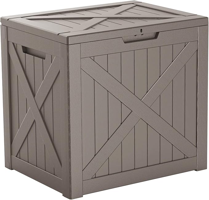 32 Gallon Resin Deck Box, Lockable Outdoor Storage Box for Patio Cushions Storage Furniture,Garden Tools, Pool Supplies, Weatherproof and UV Resistant (Grey X)-VerdiqueGarden