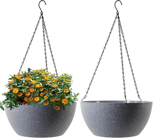 10 inch Hanging Planters for Outdoor Indoor Plants with Drainage Holes and Chain, 2 Pack Round Hanging Flower Plant Pots for Garden Home Porch Decor, Speckled Grey-VerdiqueGarden