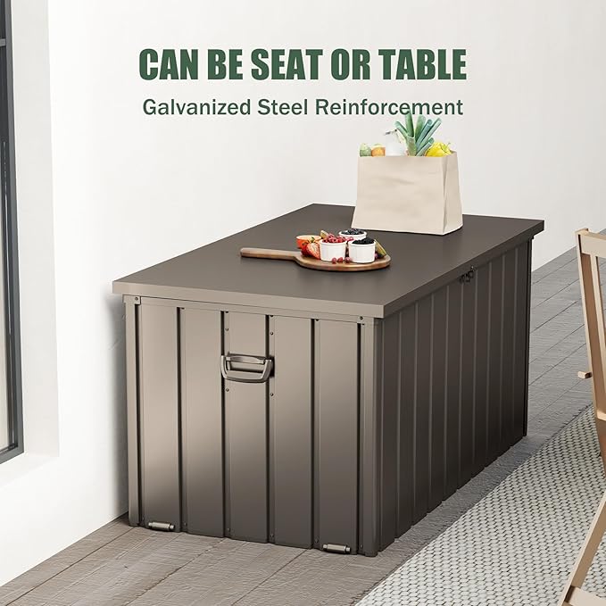 Domi Deck Box 160 Gallon, Waterproof Lockable Steel Outdoor Storage Container for Outside Cushions, Garden Tools and Pools Equipment, Brown-VerdiqueGarden