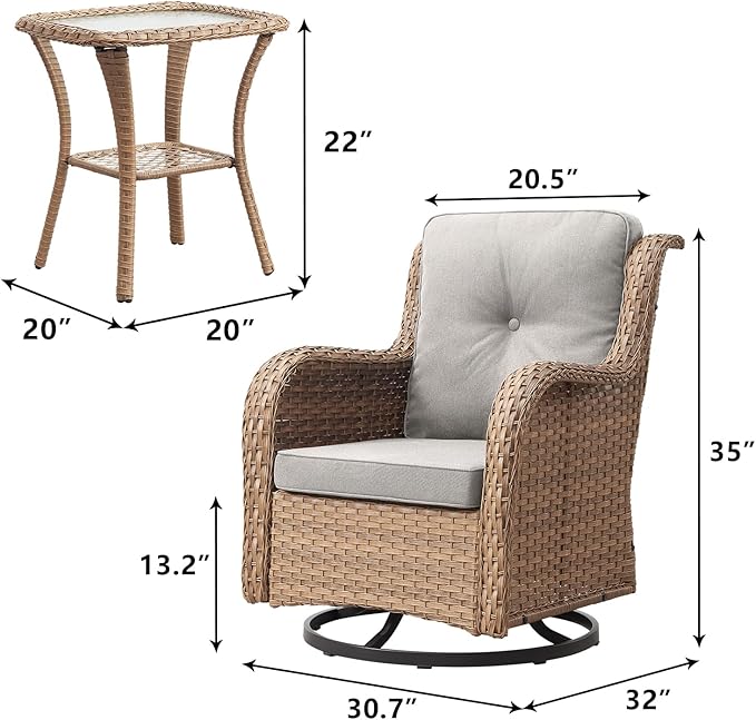Outdoor Patio Swivel Rocker Chairs - 3 Piece Patio Bistro Set,Wicker Patio Furniture Set with 2 Swivel Rocking Chairs and 1 Glass Top Side Table for Deck Porch Garden,Yellow/Beige-VerdiqueGarden
