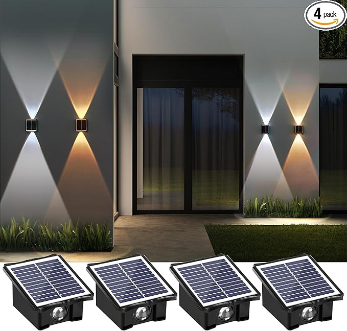 2LED Solar Wall Lights, Up and Down Lighting Solar Outdoor Light Waterproof IP65, 6500K/3000K Solar Fence Light Solar Powered Light for Yard Garden Garage Christmas Decorations (4 Pack)-VerdiqueGarden