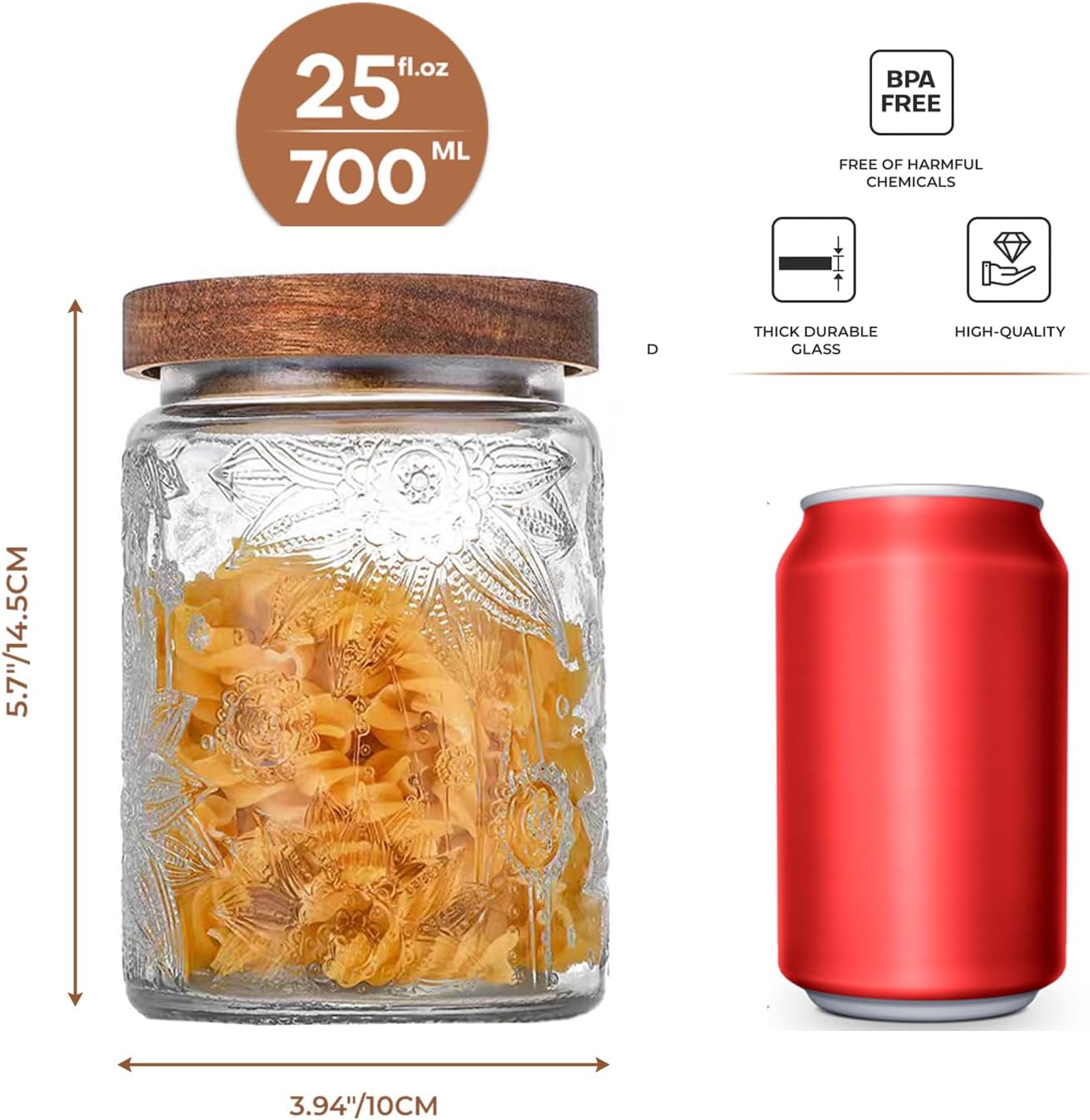 24oz Vintage Glass Canister With Lid Small Glass Jars Wide Mouth Mason Jars Airtight Coffee Canisters Kitchen Storage Containers For Sugar Tea Spice Flour Candy Cookie Cereal Cute Decorative-VerdiqueGarden