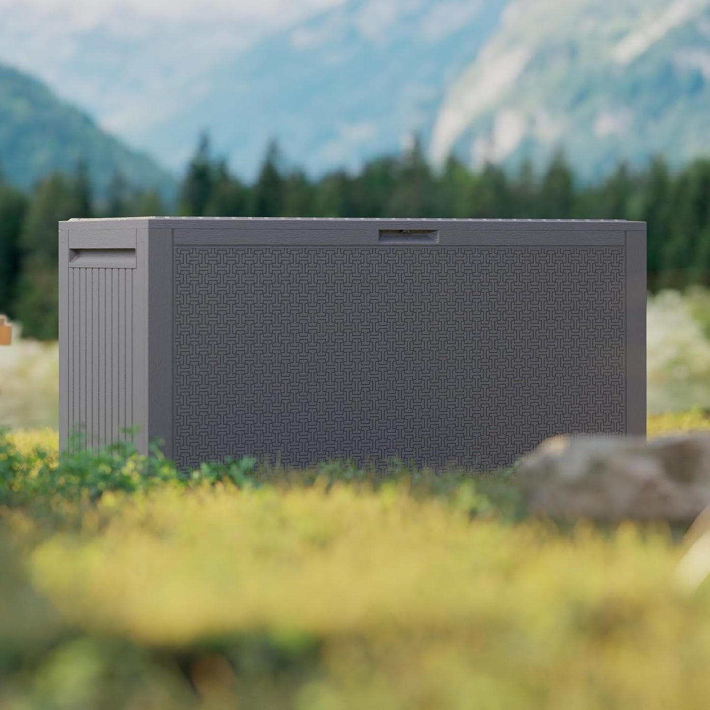 90 Gallon Outdoor Storage Box, Lockable Package Outside Storage Box Waterproof, Patio Cushions Deck Storage Boxes, Rattan Plastic Garden Hose Containers Resin Pool Storage Bins with lids, Grey-VerdiqueGarden