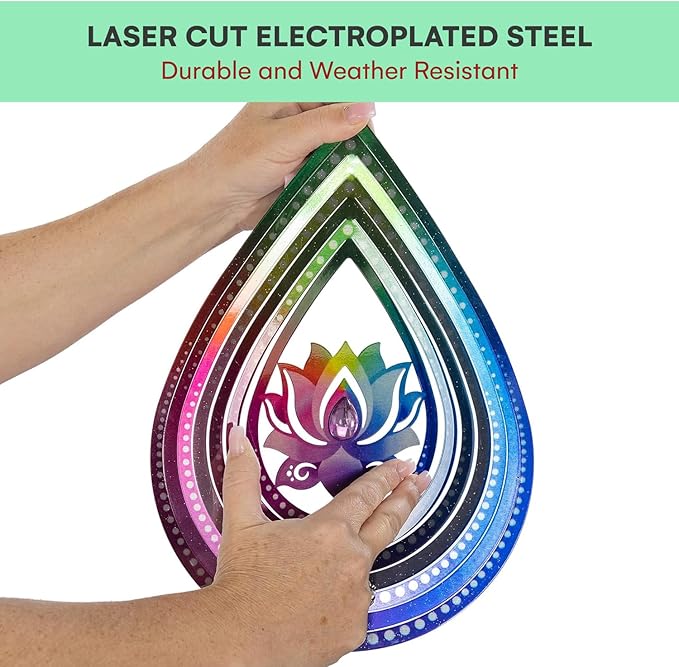 VP Home Lotus Teardrop Wind Spinner - 3D Metal Outdoor Hanging Lotus Decor for Garden and Yard - Kinetic Wind Spinners with S-Hook, Durable Weather-Resistant Steel - 8.5 x 15 Inches-VerdiqueGarden