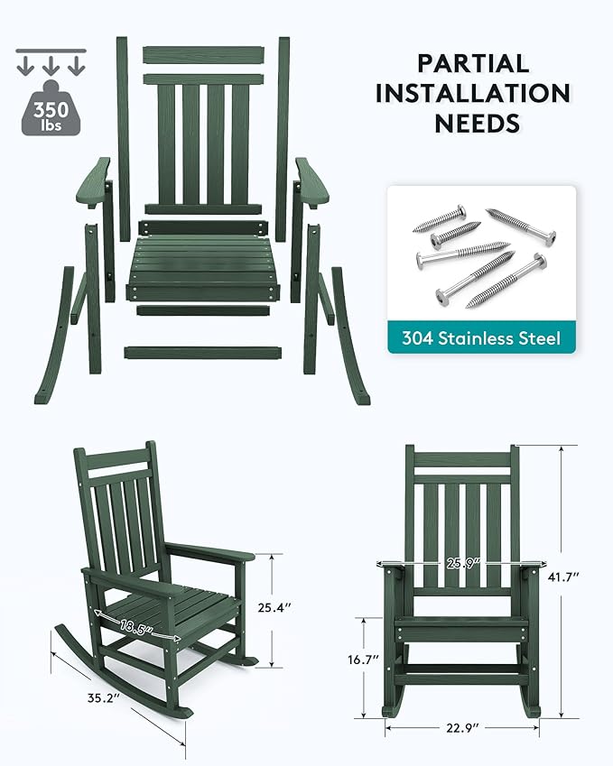 SERWALL HDPE Rocking Chair, Outdoor Rocking Chair for Adults, All Weather Porch Rocker for Lawn Garden, Green-VerdiqueGarden