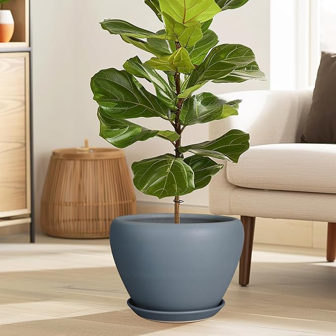 10 Inch Plant Pot - Ceramic Planter for Indoor Plants Large Plant Pot with Drainage Hole and Saucer Round Outdoor Planter Modern Flower Pot for Home Decor Gray-VerdiqueGarden