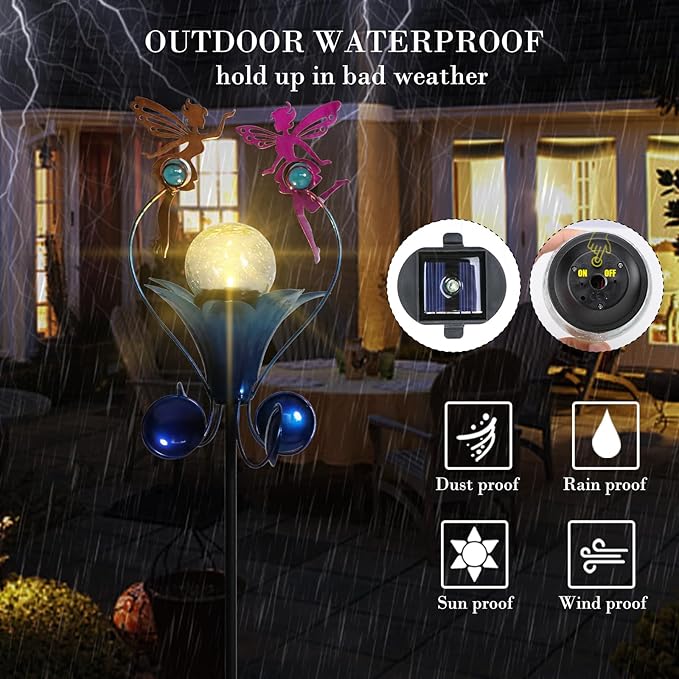 VCUTEKA Solar Lights Outdoor Metal Garden Stake Waterproof Crackle Glass Globe Garden Decor Fairy for Pathway, Lawn, Patio, Yard-VerdiqueGarden