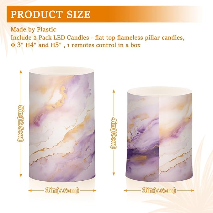 Flickering Flameless Candles, Purple Gold Marble LED Candles with Remote Timer, Set of 2 Battery Operated Candle for Valentine Wedding Birthday-VerdiqueGarden