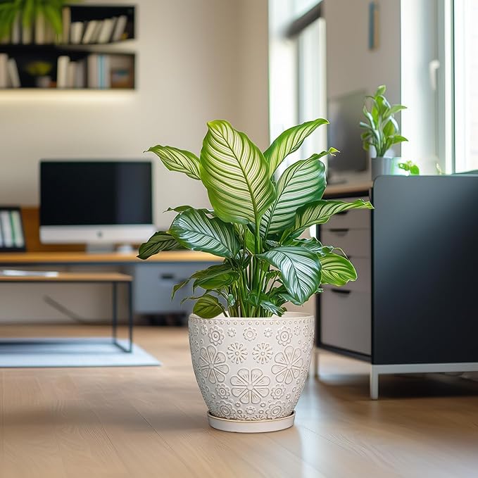 10 Inch Ceramic Planter Pot Large Plant Pot for Indoor Plants Outdoor Round Flower Pot with Drainage Hole and Saucer for Home Garden Decor White-VerdiqueGarden