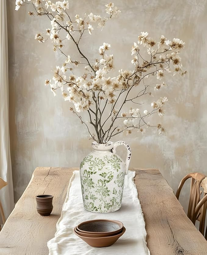 Ceramic Rustic Farmhouse Vase, 9 inch Ceramic Green and White Vase for Centerpieces Pampas Grass Pottery Jug with Handle Boho Chinoiserie Decor Vintage Vases for Living Room Kitchen Dinner Table Shelf-VerdiqueGarden