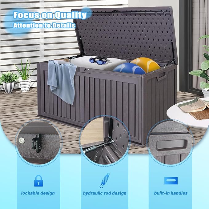 100 Gallon Outdoor Storage Box Waterproof, Resin Deck Box with Dual-Wall, Patio Cushion Storage Box for Garden Tools, Pool Supplies, Toy-VerdiqueGarden