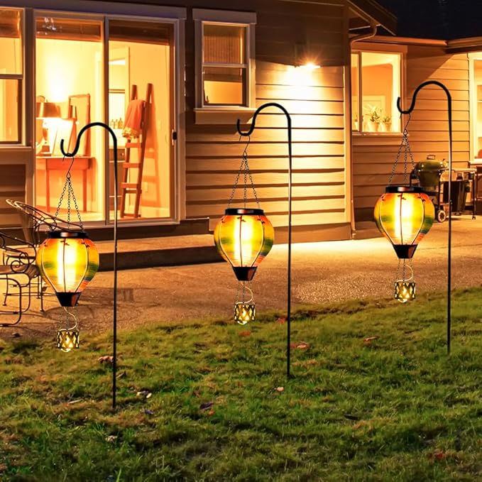 Starsoul 2 PC Solar Hot Air Balloon Lantern with Flame Multi-Color Hot Air Balloon Lantern with Candle Holder Metal & Glass Hanging Garden Light Waterproof Outdoor Lantern Decor-VerdiqueGarden