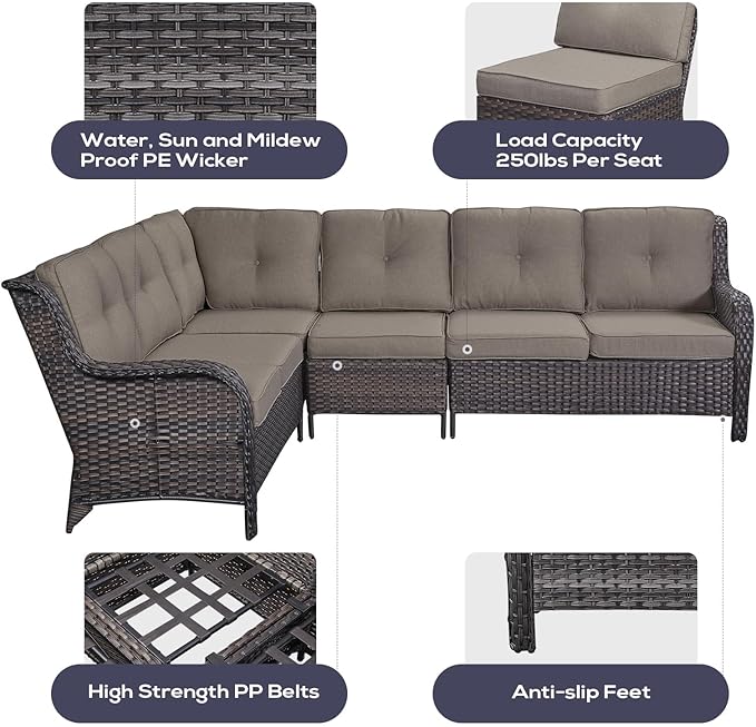 Outdoor Furniture Sectional Sofa L Shaped Couch - Patio Wicker Set with 2 Swivel Glider Chairs, 8 Piece Rattan Patio Conversation Sets with Gray Cushion for Deck Backyard Sunroom Grey Cushion-VerdiqueGarden