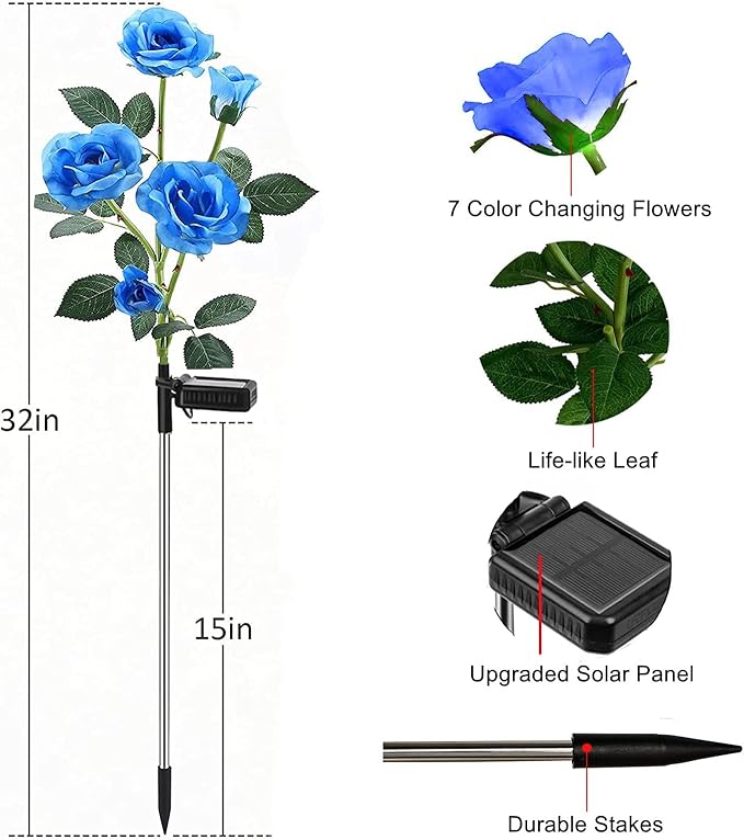 ANGMLN 2 Pack Solar Garden Lights, Solar Flower Lights Outdoor Waterproof with 10 Head Blue Rose 7-Color Changing Landscape Light for Garden Yard Pathway Patio Grave Cemetery Decoration-VerdiqueGarden