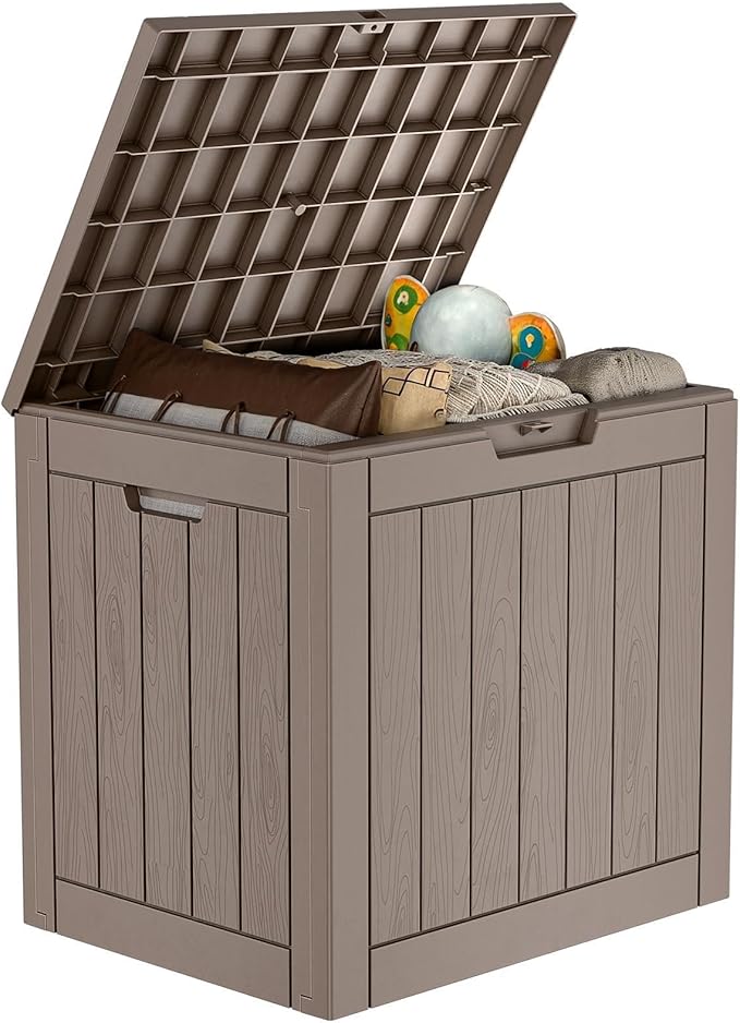 30 Gallon Outdoor Deck Box,Storage Lockable Waterproof Patio Furniture,Garden Tools,Cushions,Pool Accessories Outside Storage Resin Box(Grey)-VerdiqueGarden