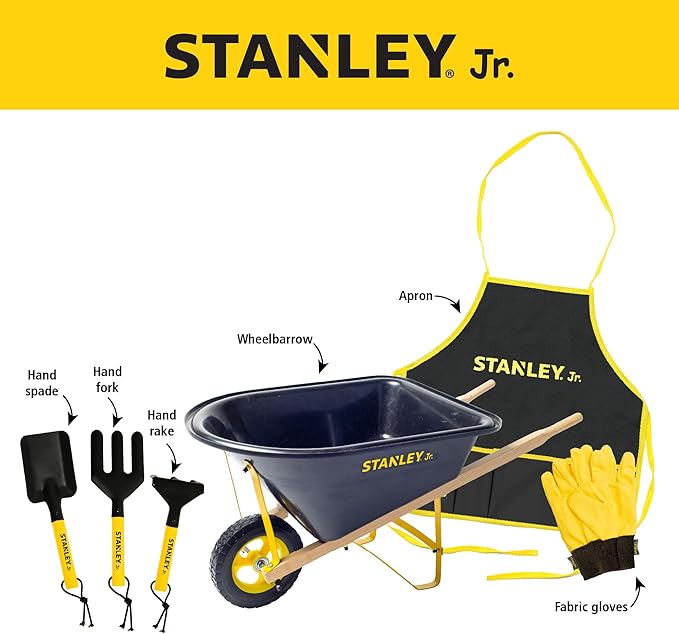 Stanley Jr. Kids Wheelbarrow Set – 6-Piece Durable Toddler Wheelbarrow & Garden Tools – Child Outdoor Toy for Ages 3+ – Fun, Educational Backyard Play with Apron, Gloves & Tools-VerdiqueGarden