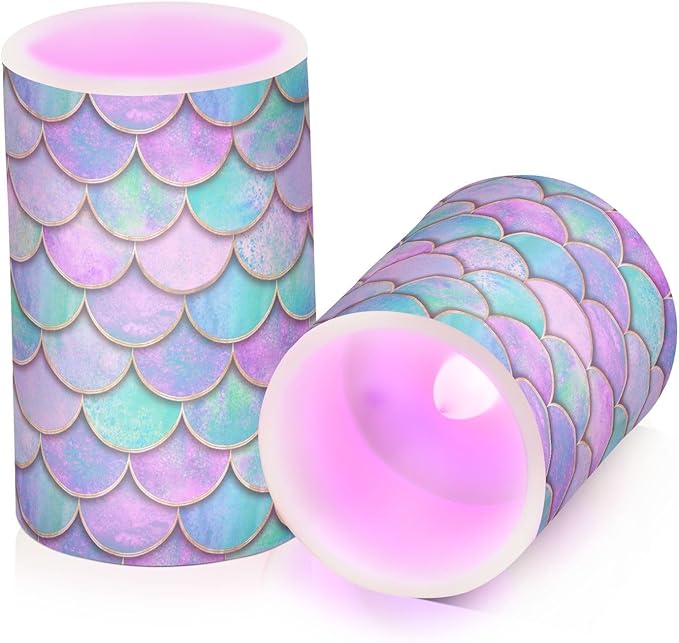 Vdsrup Flameless Candles Set of 2 Purple Teal LED Candles with Timer Battery Operated Mermaid Scale Candle Lights Flickering with Remote for Home Bedroom Decor-VerdiqueGarden