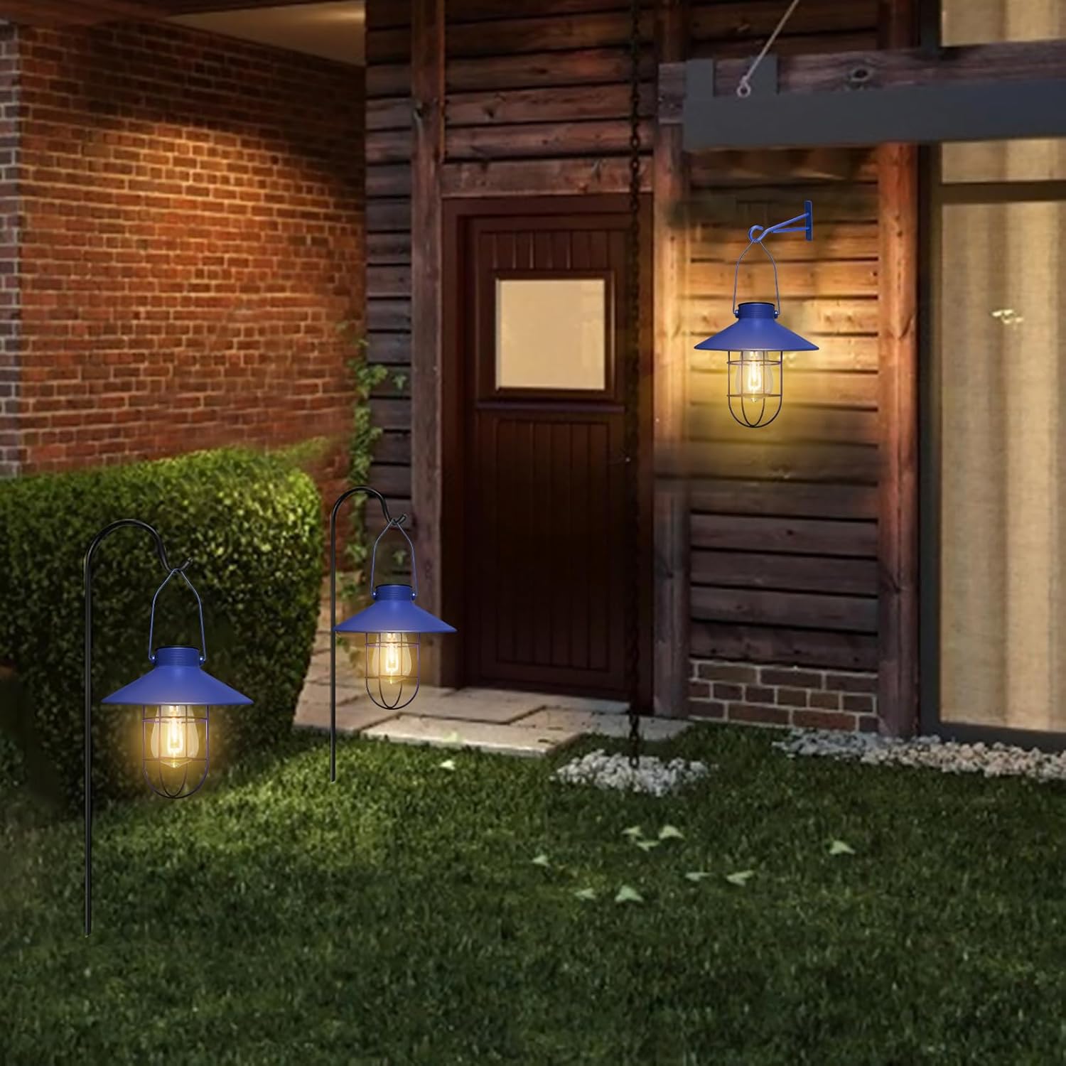 pearlstar Solar Lantern Outdoor Hanging Light Metal Farmhouse Solar Lamp with Warm White Edison Bulb Design for Garden Yard Patio Proch Decor(Blue)-VerdiqueGarden